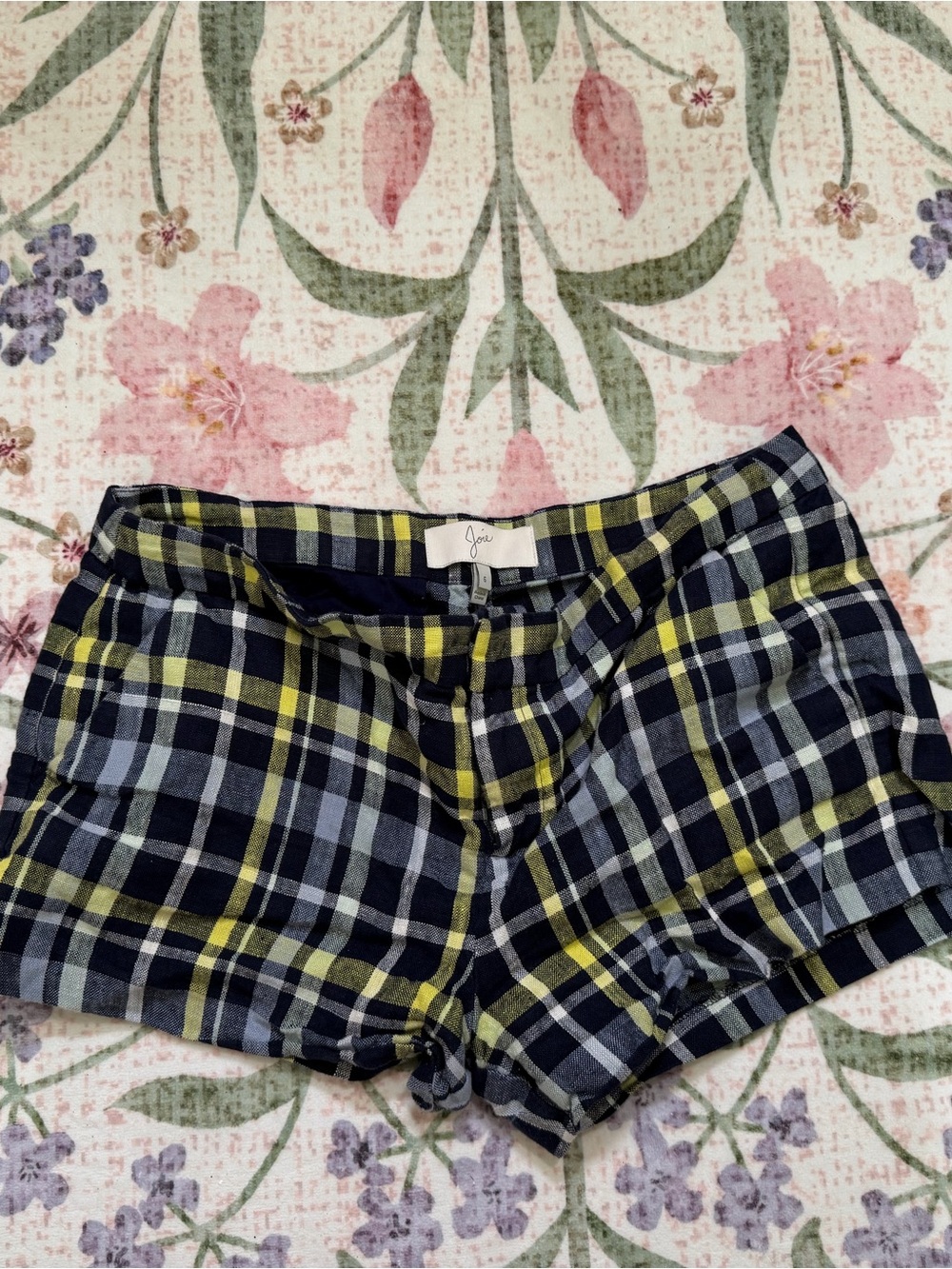 Joie High-Waist Plaid Shorts in Navy, Yellow and Gray